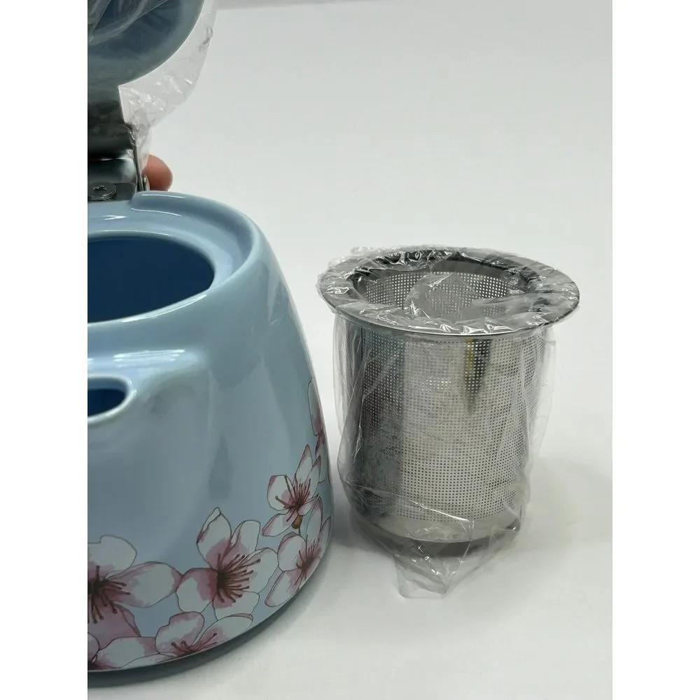 New Alfred Ceramic + Stainless Steel Teapot 20 oz Blue‎ Floral Cherry Blossom
